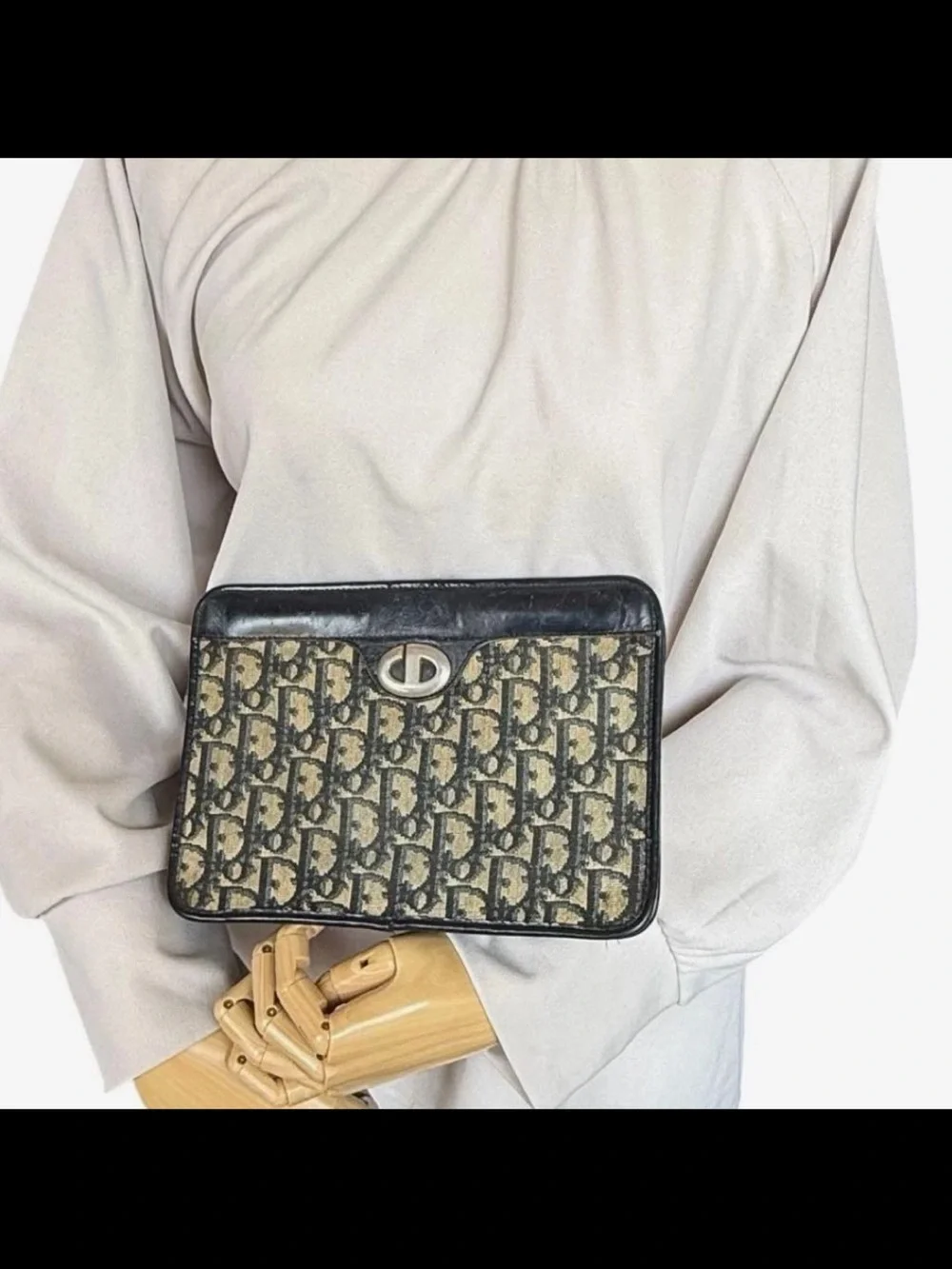 Dior Navy Canvas and Black Leather Clutch